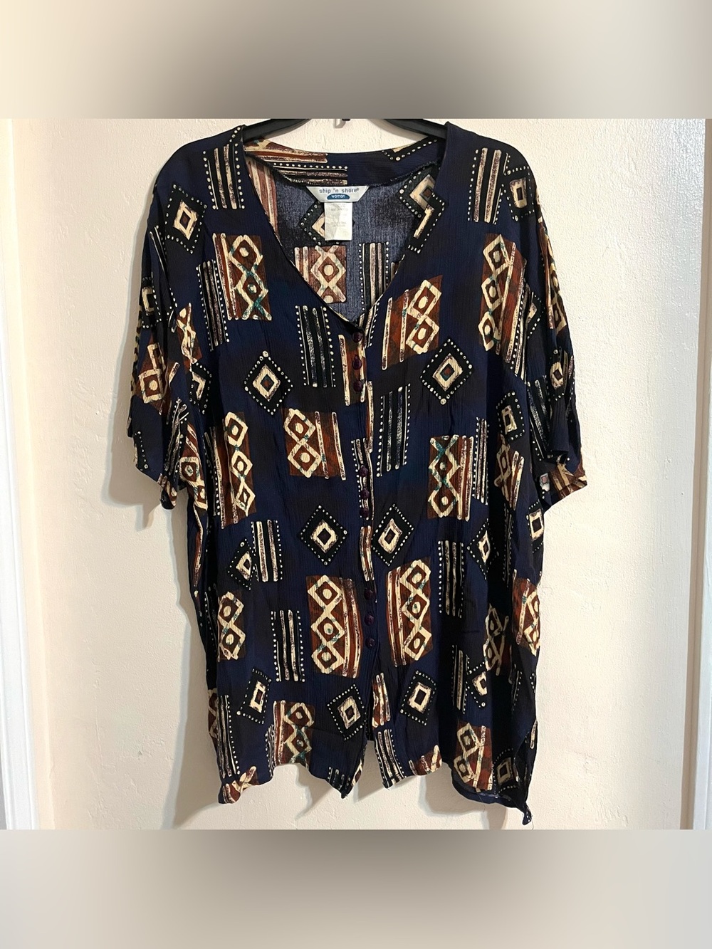 VTG Short Sleeve Abstract Button Up Blouse XL 80s 90s Boho Navy & Brown V-Neck
